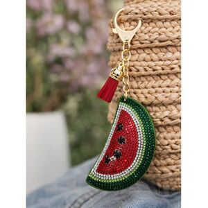 Watermelon Slice Keychain Red Green Rhinestone Fruit Charm Bag Purse Accessory